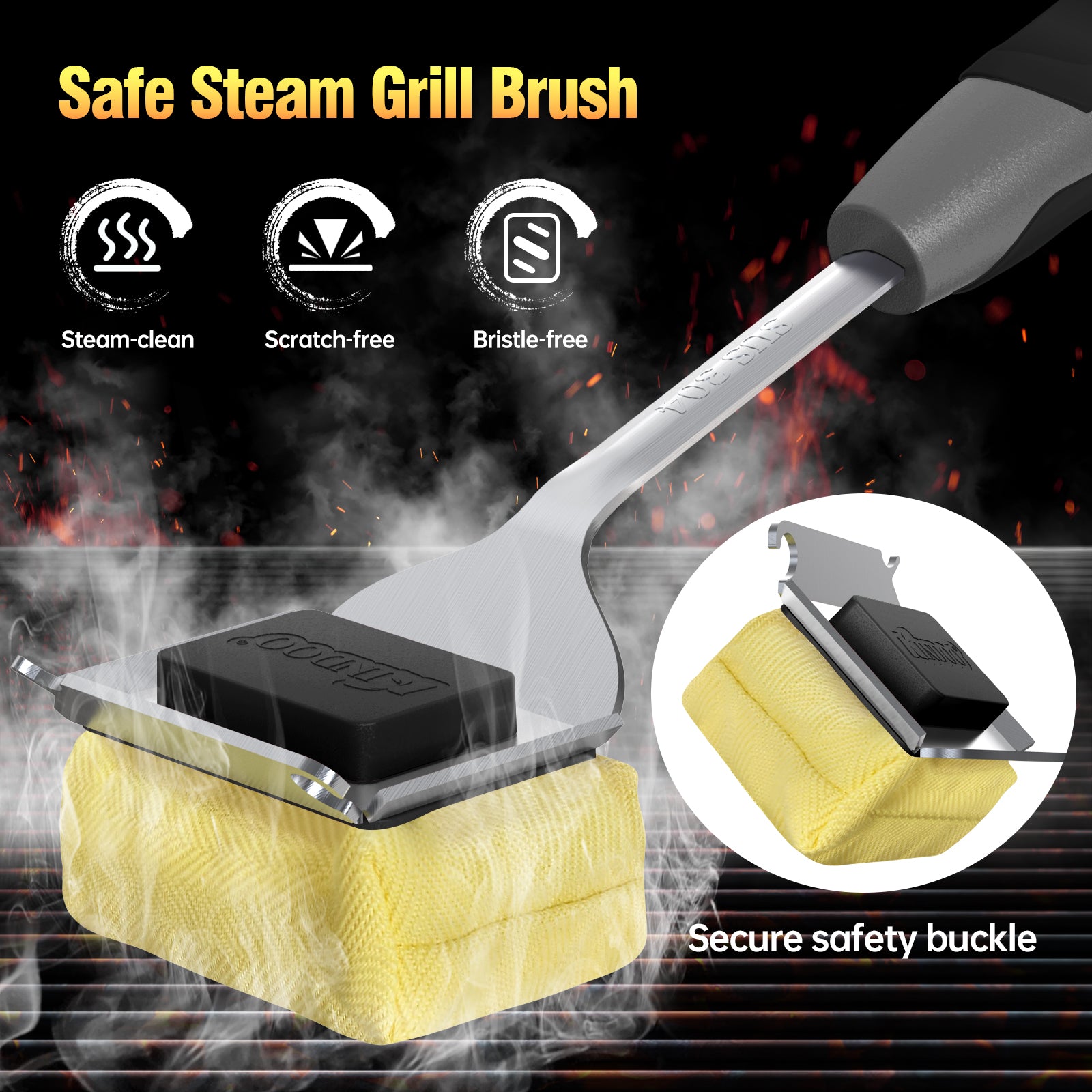 Gray, safe, non-scratching, and bristle-free steam grill brush